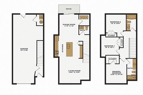 Floor plan for 3 beds, 2.5 baths, 1564 sqft